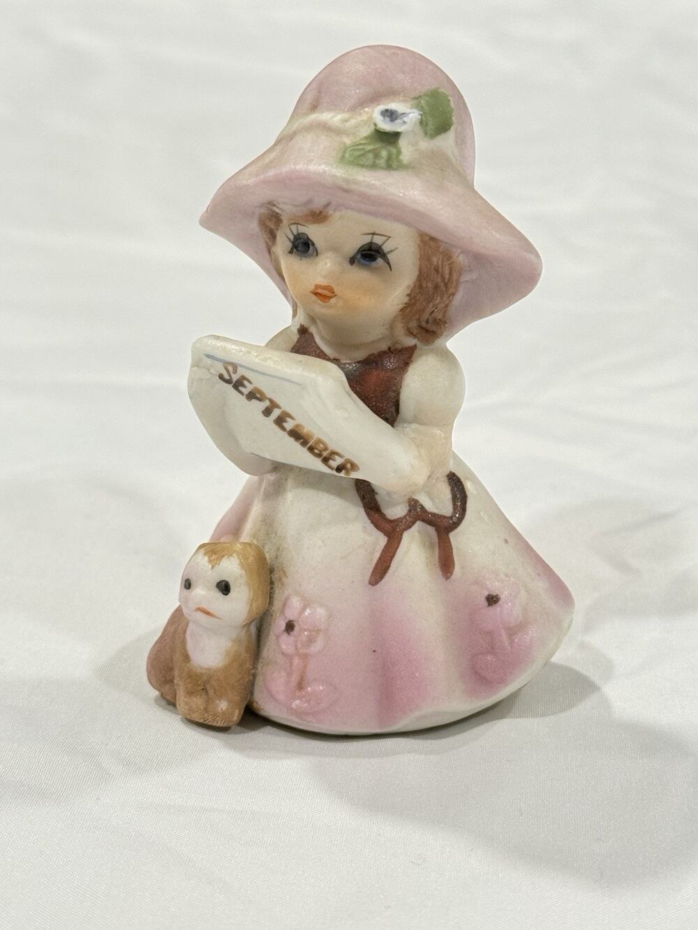 Vintage September Birthday Girl w/ Kitten Cat Bisque Porcelain Figurine Taiwan